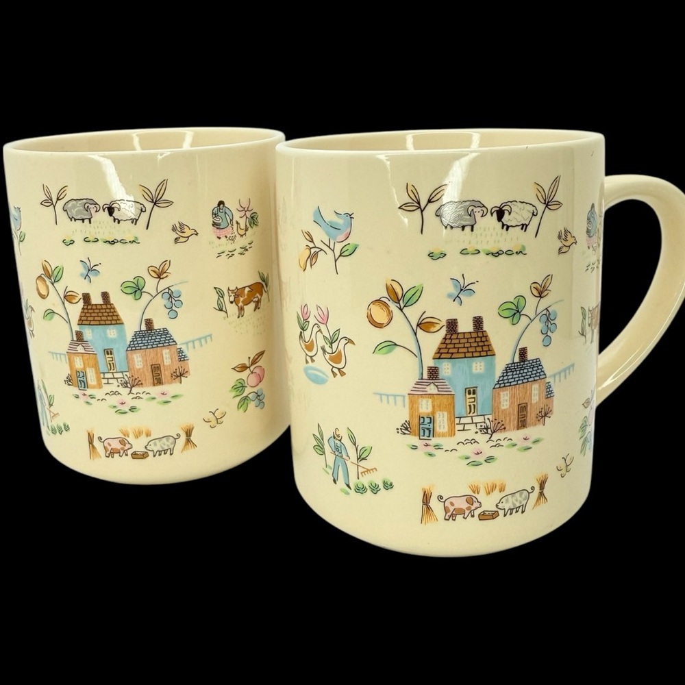 Pair Vintage International China Heartland 8 Ounce Ceramic Coffee Mugs Farmhouse